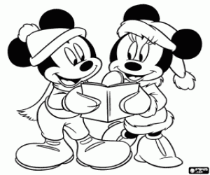 desenho de Mickey e Minnie Mouse com chap�us de Papai Noel e cantando can��es de natal para colorir