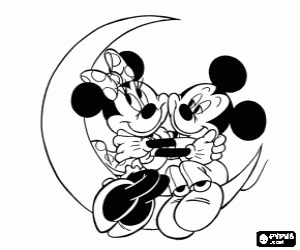 desenho de Mickey e Minnie Mouse no amor e abra�os na lua para colorir