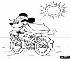 desenho de Mickey Mouse andando de bicicleta com seu bon� sob um sol forte para colorir