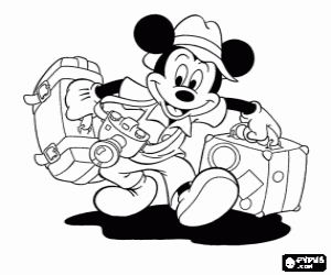 desenho de Mickey Mouse com as malas e uma c�mera para a viagem para colorir
