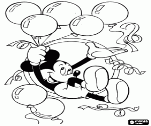desenho de Mickey Mouse com bal�es e serpentinas em comemora��o do Ano Novo para colorir