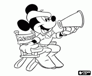 desenho de Mickey Mouse sentado na cadeira de diretor de cinema para colorir