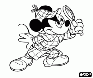 desenho de Mickey Mouse vestido como Sherlock Holmes com a lupa para investigar para colorir