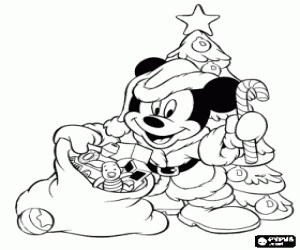 desenho de Mickey Mouse vestido de Papai Noel com um saco cheio de presentes ao lado da �rvore de Natal para colorir