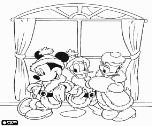 desenho de Mickey, o Pato Donald e Margarida com as roupas do Papai Noel para colorir