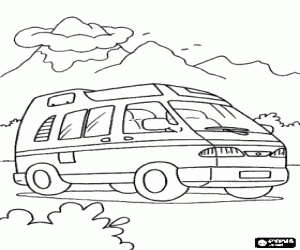 desenho de Minibus em uma viagem para a montanha para colorir