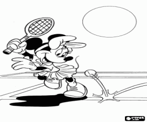 desenho de Minnie Mouse jogando t�nis, ao bater a bola com a raquete para colorir