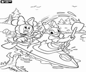 desenho de Minnie Mouse remando em uma canoa com seu amigo Daisy para colorir