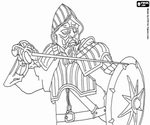 desenho de Miraz, o falso rei de Narnia, e tio do Caspian, em uma luta com a espada e escudo para colorir