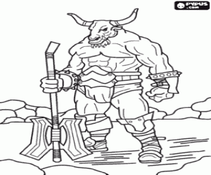 desenho de Monitauro - Monstro gigante com corpo humano e cabe�a de touro como um guerreiro armado para colorir