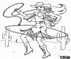 desenho de Mulher cowboy jogando o lasso no deserto entre os cactos para colorir