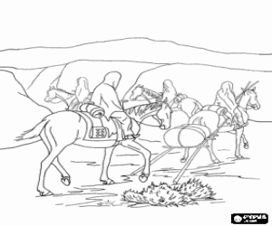 desenho de Mulheres indianas com cavalos durante a viagem para encontrar um novo campo para colorir