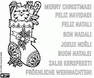 desenho de Natal cart�o de sauda��o com uma meia cheia de dons para colorir