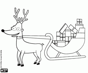 desenho de Natal renas puxando um tren� cheio de presentes para colorir