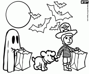 desenho de Noite de lua cheia e morcegos, um pirata, um fantasma e um c�o a fazer o truque e tratados com ab�boras para colorir