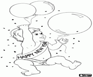 desenho de O Ano Novo retratado como um beb� feliz com uma faixa e bal�es para colorir