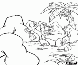 desenho de O beb� Tarzan nos bra�os de sua m�e adotiva, Kala a gorila, com o resto da manada e sob o olhar de Kerchak, o macho dominante para colorir