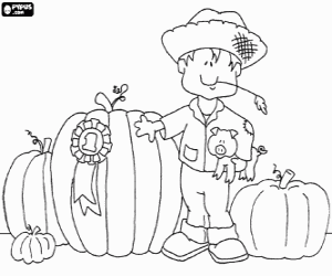 desenho de O camponês com um porquinho e suas abóboras, incluindo a número 1, a maior e vencedora da competição de abóboras para colorir