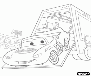 desenho de O carro de corrida Rel�mpago McQueen desce do reboque no circuito para colorir