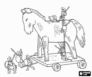 desenho de O Cavalo de Tr�ia, um gigante cavalo oco de madeira, com soldados gregos para o interior de enganar e vencer os troianos para colorir