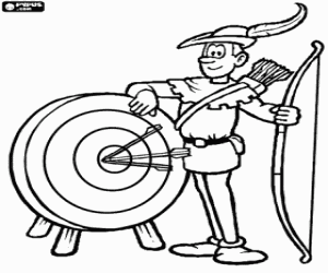 desenho de O famoso arqueiro Robin Hood mostrando a sua habilidade com o arco ao lado de um alvo para colorir