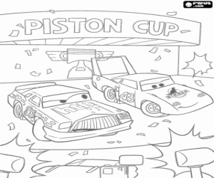 desenho de O famosos e favoritos carros de corrida na apresenta��o da Copa Pist�o, O Rei e Chick Hicks sob os flashes dos fot�grafos para colorir