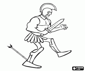 desenho de O grande guerreiro Aquiles, her�i da Guerra de Tr�ia, atingido por uma flecha envenenada no calcanhar para colorir