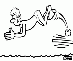 desenho de O homem salta de cabe�a para a �gua da prancha da piscina para colorir