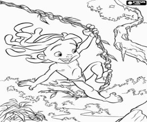 desenho de O menino Tarzan pulando com uma liana ou cip� na selva para colorir