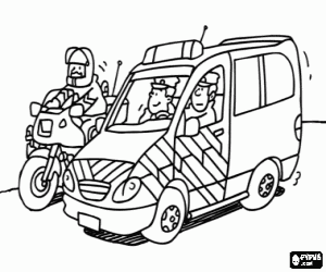 desenho de O policiamento em diferentes ve�culos, carros de pol�cia e policiais de motocicleta para colorir