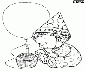 desenho de O primeiro anivers�rio, o beb� soprando a vela do bolo para colorir