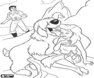 desenho de O pr�ncipe Eric e o seu c�o Max encontram � Ariel, a pequena sirene j� transformada em mulher, na praia para colorir