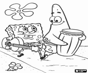 desenho de Os Amigos Bob Esponja e Patrick com seus instrumentos musicais: uma guitarra e um bumbo para colorir