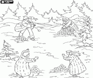 desenho de Os irm�os Pevensie jogando em plena batalha de neve para colorir