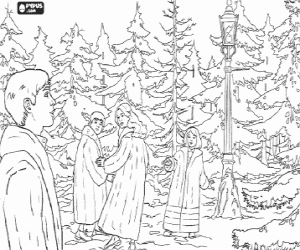desenho de Os irm�os Pevensie, Peter, Lucy, Susan e Edmund na floresta m�gica para colorir