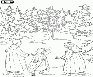 desenho de Os irm�os Pevensie, Peter, Susan e Lucy, na floresta m�gica de Narnia para colorir