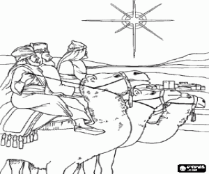 desenho de Os Magos chegam com seus camelos a Bel�m depois de seguir a Estrela de Natal para colorir