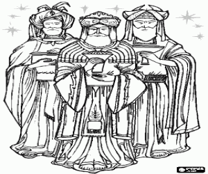 desenho de Os Magos com seus presentes e elegantes vestidos para colorir