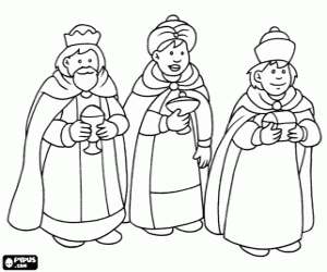 desenho de Os Magos Melquior, Baltasar e Gaspar com os seus dons para colorir