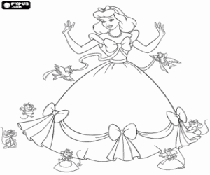 desenho de Os ratos e os p�ssaros ajudando Cinderela com seu belo vestido para a festa para colorir