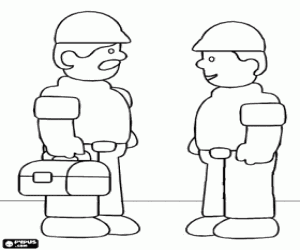 desenho de Os trabalhadores da constru��o conversando quando chegam ao trabalho para colorir