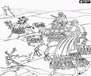 desenho de Os Tr�s Reis Magos em seus camelos no caminho guiado pela Estrela de Bel�m para colorir