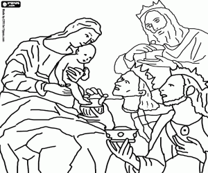 desenho de Os Tr�s Reis Magos entregando os seus donativos, ouro, incenso e mirra, ao Menino Jesus nos bra�os de sua m�e Maria para colorir