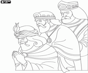desenho de Os Tr�s Reis Magos, Melquior, Baltasar e Gaspar, adorando ao menimo Jesus para colorir