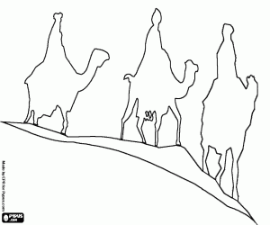 desenho de Os tr�s Reis Magos montados em camelos no seu caminho a Bel�m para colorir