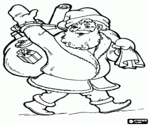 desenho de Pai Natal ou Papai Noel carregando um saco cheio de presentes para colorir