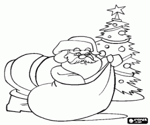 desenho de Pai Natal ou Papai Noel um presente no saco para ficar sob a árvore de Natal para colorir