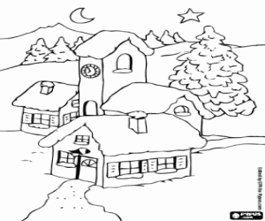 desenho de Paisagem da pequena aldeia de montanha, com a lua e a estrela de Natal para colorir