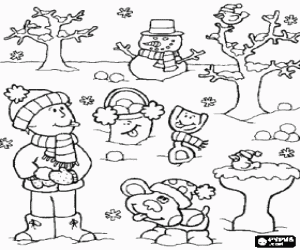 desenho de Paisagem de Inverno com a crian�a, cachorro e boneco de neve, tudos bem abrigados para colorir