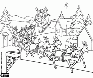 desenho de Paisagem de uma vila na noite de Natal com Papai Noel em seu tren� m�gico e suas renas voando sobre os telhados das casas para colorir